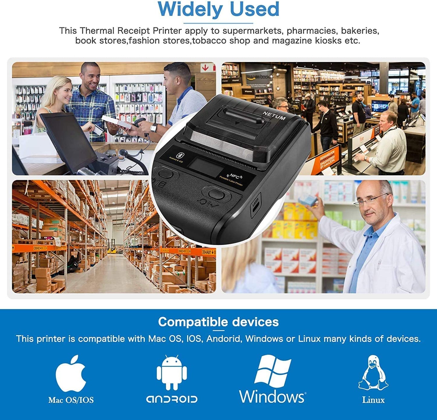 NETUM NT-G8 Tragbarer kabelloser Bluetooth-Thermo-Etikettendrucker mit 80 mm für Kleidung, Schmuck, Einzelhandel, Postversand, Barcode usw., kompatibel mit Android/iOS/PC/Windows