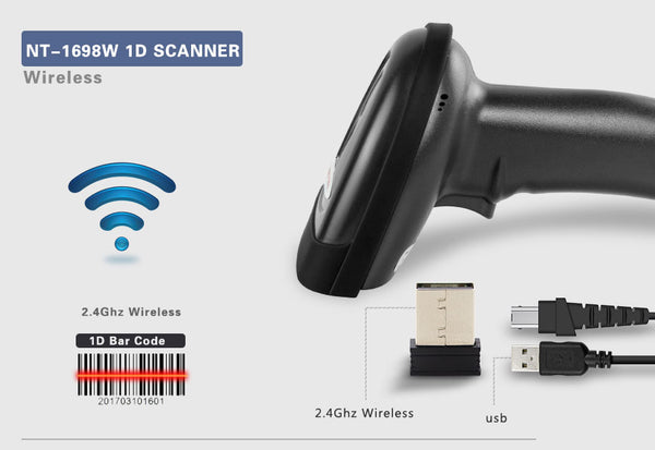 NETUM NT-1698W 2.4G Wireless Laser Barcode Scanner, Handheld 1D Bar Code Scanner Reader with USB Cable for iPad, iPhone, Android, Tablets or Computer PC