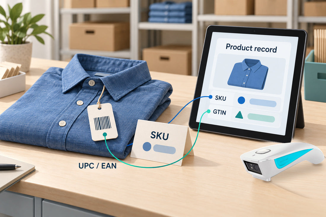 A shirt with a UPC or EAN retail barcode, an internal SKU card, and a product record, with a NETUM C850 barcode scanner on the desk.