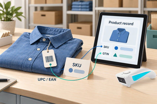A shirt with a UPC or EAN retail barcode, an internal SKU card, and a product record, with a NETUM C850 barcode scanner on the desk.