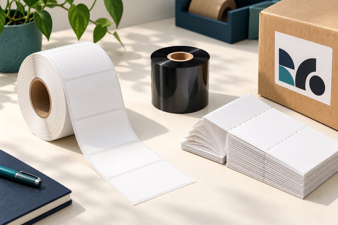 Illustration of label rolls, a thermal transfer ribbon and fan-fold labels on a packing bench.