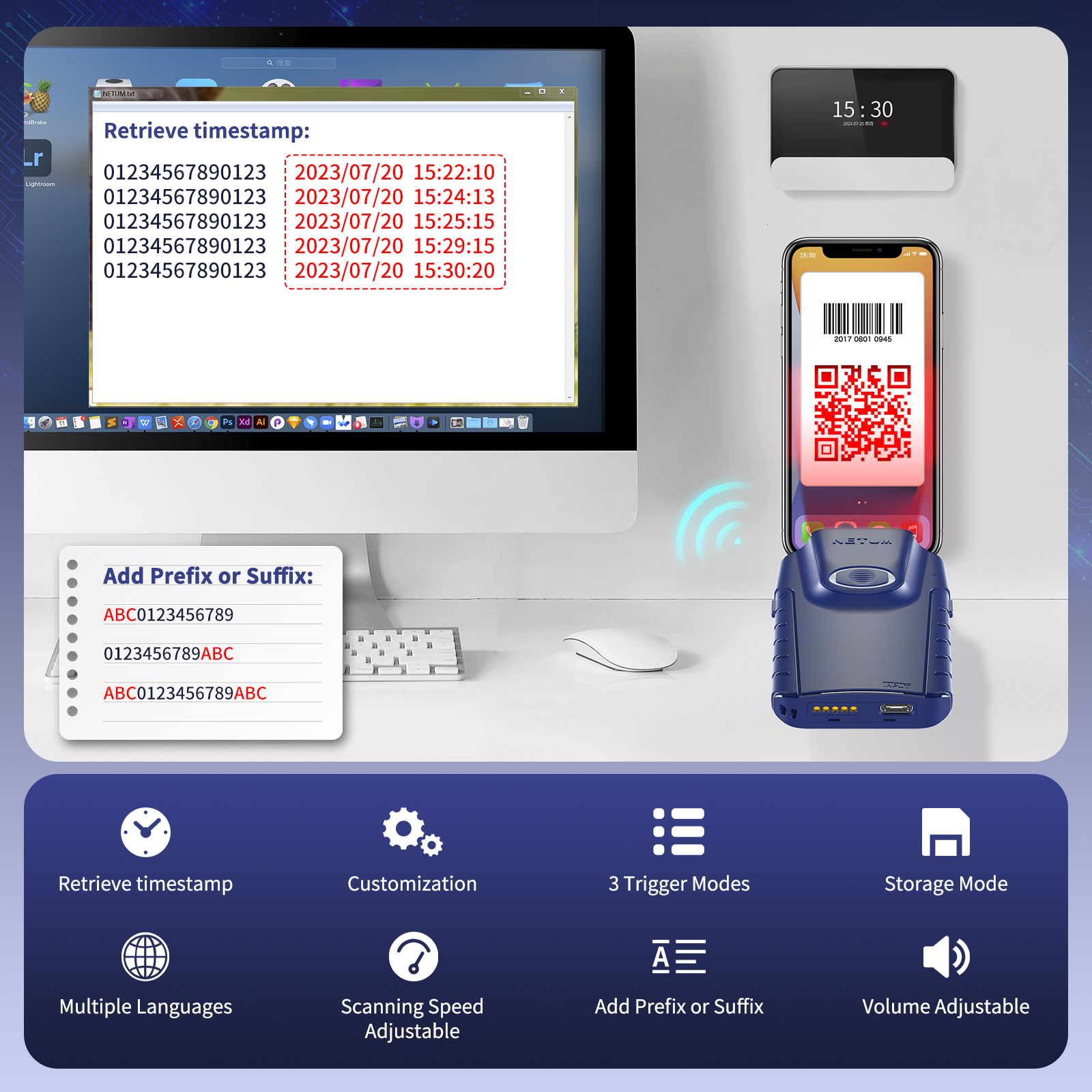 Scanner Code-barres Portable En Forme De Bague - Bluetooth 4.2, 1D, Rotation 270° - Compatible PC/Smartphone