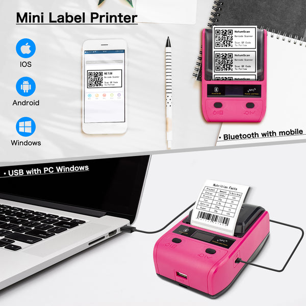 NetumScan G5 Tragbarer Bluetooth-Etikettendrucker, kabelloser USB-Thermo-Etikettendrucker, kompatibel mit Android- und iOS-Systemen, einfach zu verwendende Büro- und Heimorganisation, wiederaufladbar über USB, Rosenrot 