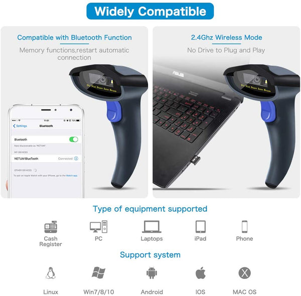 NETUM W8-X Bluetooth & Wireless QR Barcode Scanner,1D&2D Barcode Reader